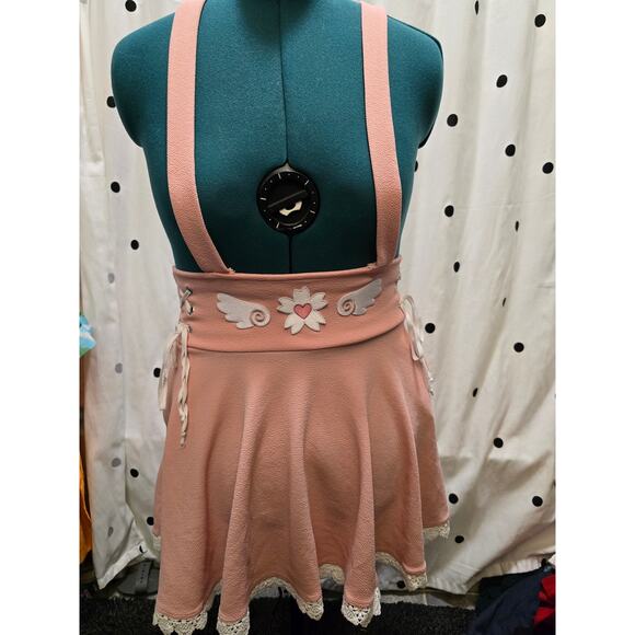 Light pink Midnight Hour Sakura mini suspender skirt lace trim corset ties M - Picture 1 of 10